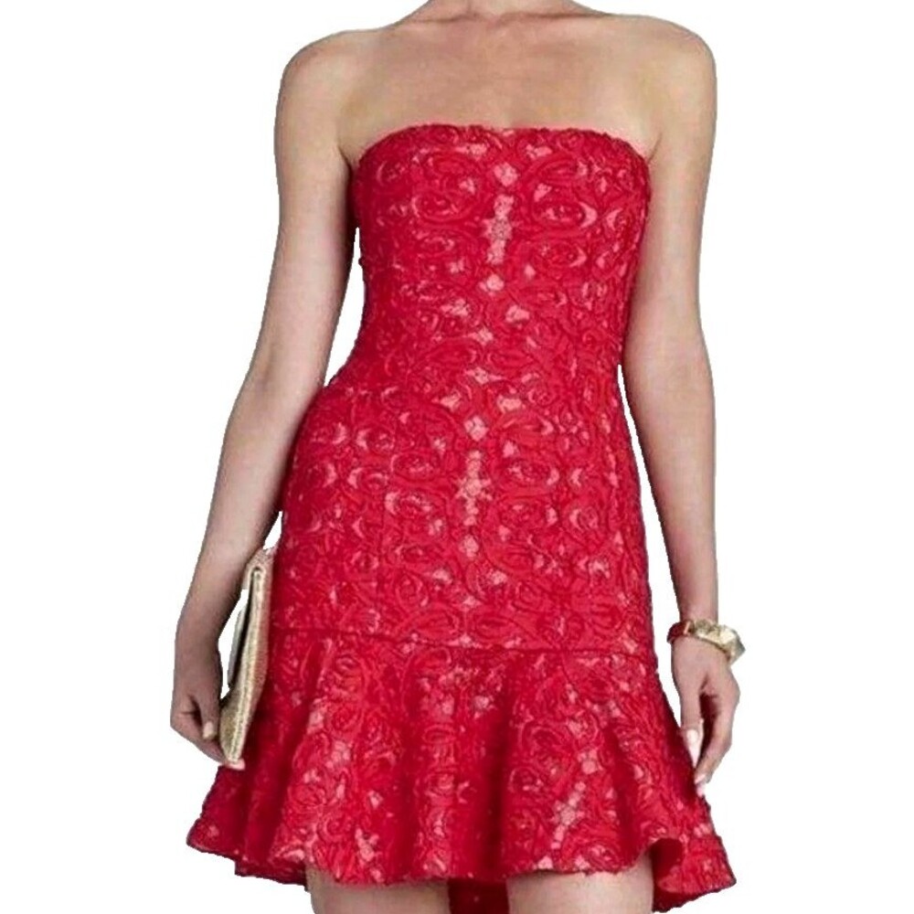 BCBGMaxAzria Women's Dress Size 6 Red Strapless Lace Ruffle Hem Mini Dress BCBG